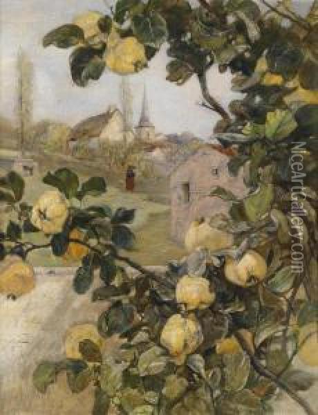 Branch Of A Quince Tree Withview Of A Small Village In Luxembourg Oil Painting - Rudolf Ribarz