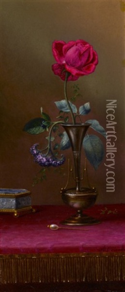 Red Rose And Heliotrope In A Vase, Requited And Unrequited Love Oil Painting - Martin Johnson Heade