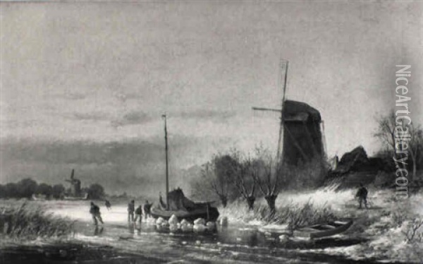 Winter Landscape With Skaters And Figures By An Iced Sailing-boat Oil Painting - Louis (Ludwig) Sierig