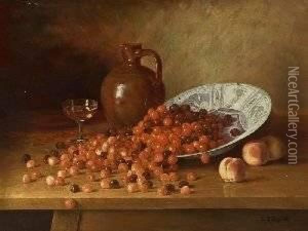 Cherries And Peaches With Wine Oil Painting - Ignaz Heinrich Gebhardt
