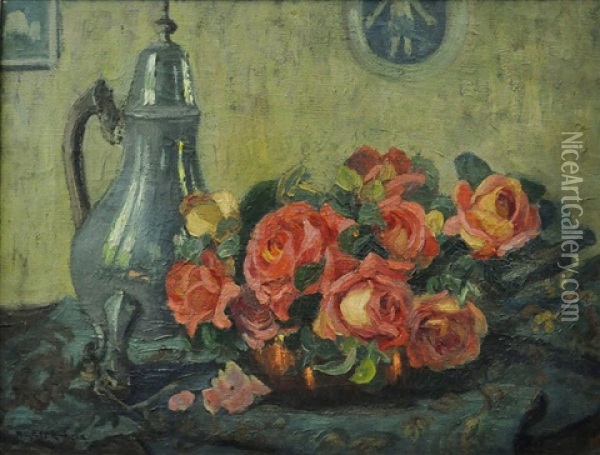 Still Life With Roses & Pot Oil Painting - Ethel Carrick Fox