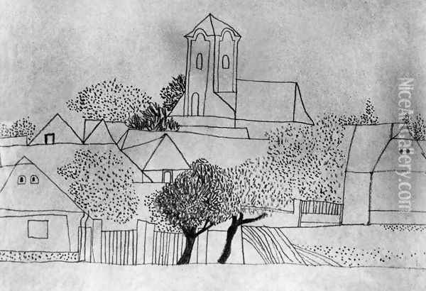 Churches, Trees, Dotted Forms 1934 Oil Painting - Lajos Vajda