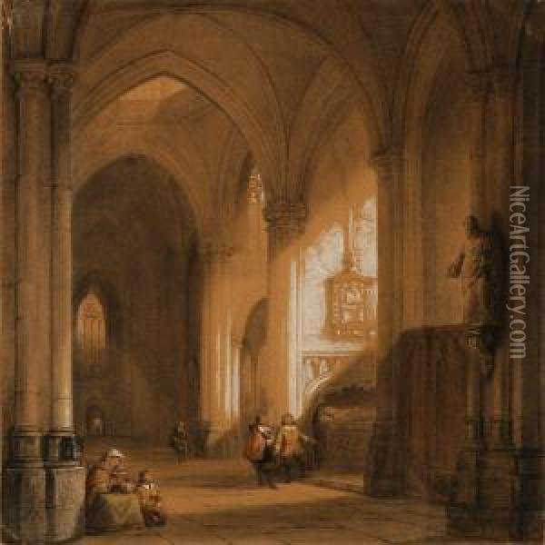 Interior From A Gothic Church Oil Painting - Jean-Baptist Tetar Van Elven