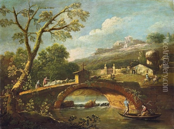 Landschaft Mit Gebirgsbach Und Brucke Oil Painting - Antonio Diziani