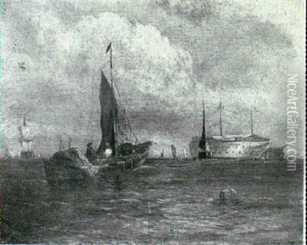 A Sailing Barge Approaching Hulks Moored In The Medway Oil Painting - William Adolphus Knell