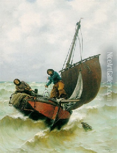 Fishermen In Stormy Sea Oil Painting - Georges Jean Marie Haquette