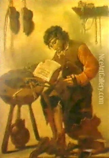 A Cobbler In His Workshop Oil Painting - Karel van der Pluym