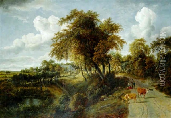 A Wooded Landscape With Peasants On Tracks Oil Painting - Meindert Hobbema