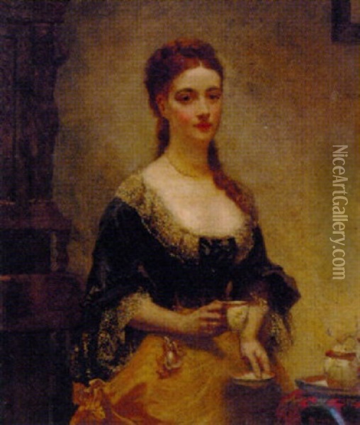 Portrait Of Alice Charlotte Arobin In A Black And Gold Dress With Lace Trim, Having Tea, In An Interior Oil Painting - Henry Richard Graves