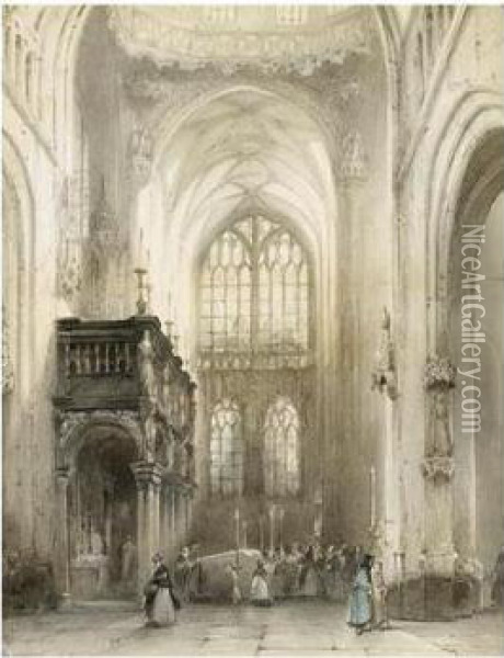 Figures In The St. Jan Cathedral, 's Hertogenbosch Oil Painting - Johannes Bosboom