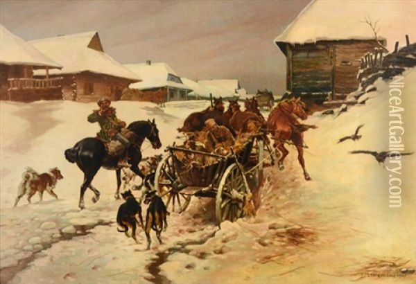 Carts Going Thru A Village In Winter Oil Painting - Josef Chelmonski