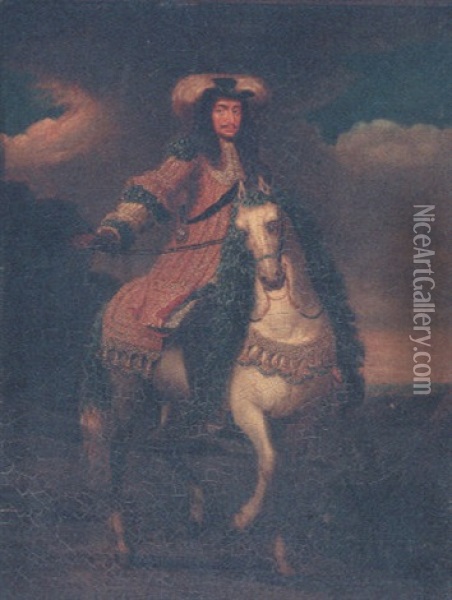 An Equestrian Portrait Of Charles Ii, Wearing The Lesser George, On A Grey Horse With Floral Mane And Tail Oil Painting - Jan van Kessel the Younger