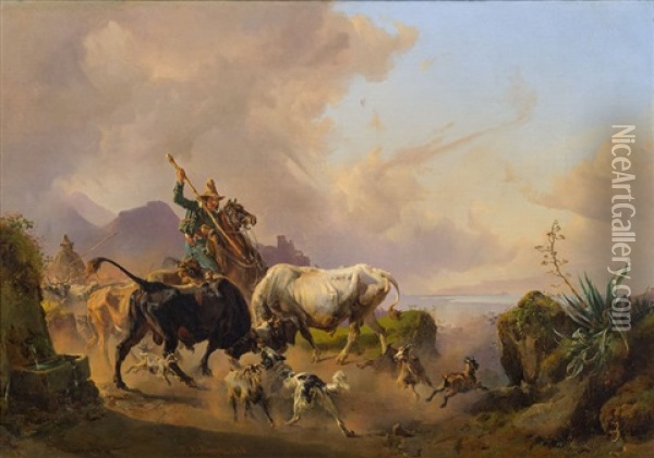 Kampfende Stiere In Campagnalandschaft Oil Painting - Johann Nepomuk Rauch