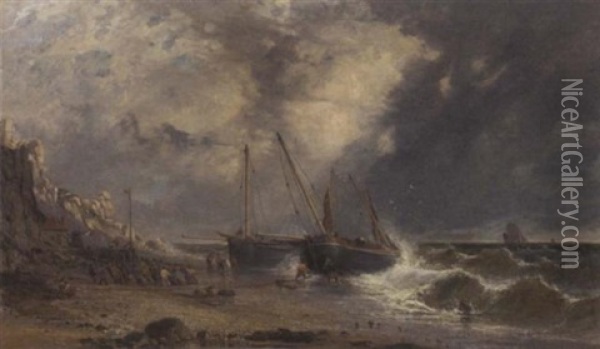 Fishermen Pulling Rye Trawlers Up The Beach Out Of The Surf Oil Painting - James Meadows Snr