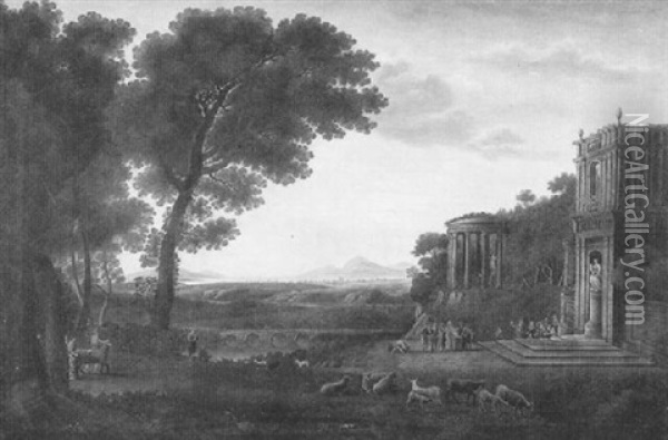 Panoramic Landscape With Figures And Animals Oil Painting - Claude Lorrain