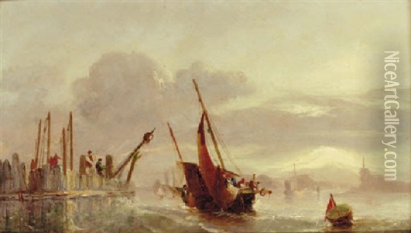 A Fishing Boat By A Harbour Oil Painting - Alfred Montague