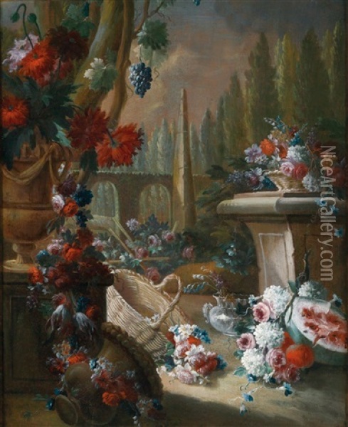 Blumen- Und Fruchtestillleben Vor Einer Parklandschaft Oil Painting - Gasparo Lopez