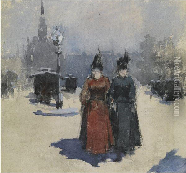 Two Elegant Ladies In The Streets Of The Hague Oil Painting - Floris Arntzenius