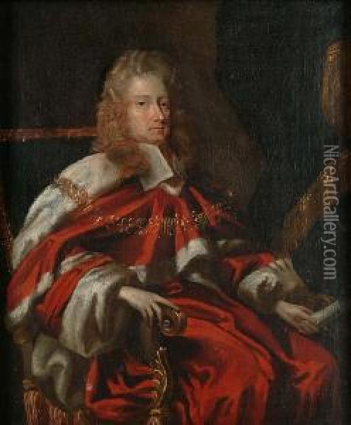Portrait Of George Jeffreys, 1st
 Baron Jeffreys Of Wem (1648-1689), Seated Small Three-quarter-length, 
In Judges Robes, Holding A Scroll Oil Painting - Johann Closterman