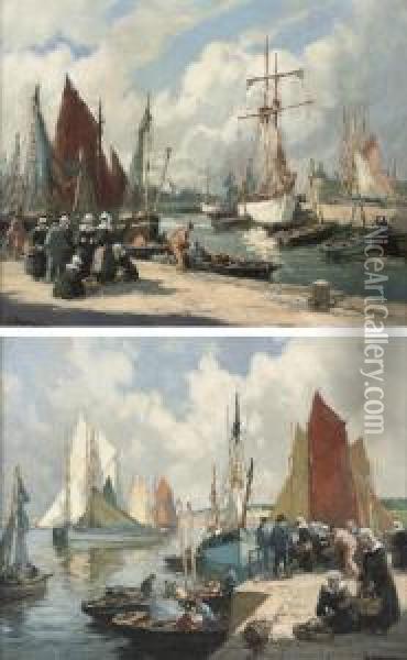 Unloading The Catch, Concarneau; And On The Quay, Concarneau Oil Painting - Henri Alphonse Barnoin