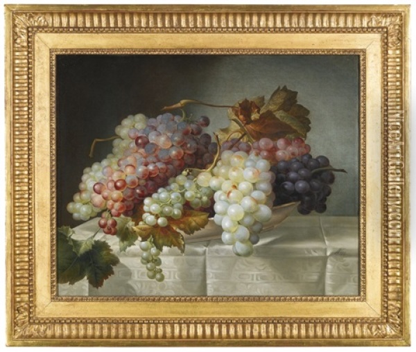 Still Life With Grapes In A Porcelain Dish Oil Painting - Joseph Nigg