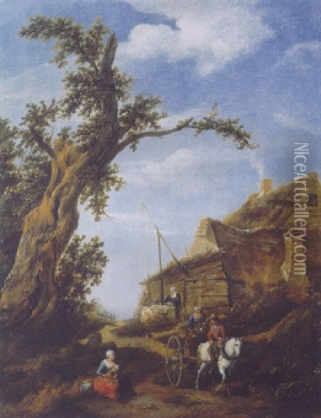 Peasants On A Horse And Wagon Passing A Farm By A Broken Tree Oil Painting - Salomon Rombouts