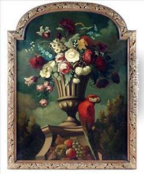 A Parrot By Astone Urn Full Of Summer Flowers Oil Painting - Justus Ii Van Huysum