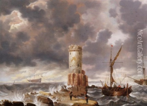 Phantastischer Hafen Mit Leuchtturm Oil Painting - Cornelis Mahu