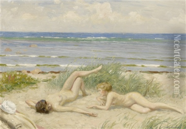 Girls On The Beach, Bastad Oil Painting - Paul Fischer