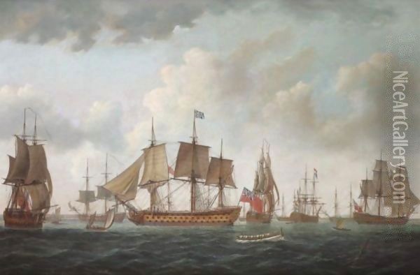 H.M.S. Queen Charlotte With The British Squadron And Allied Men-Of-War At Spithead, Prior To Sailing To Ushant In 1794 Oil Painting - Adam Callander