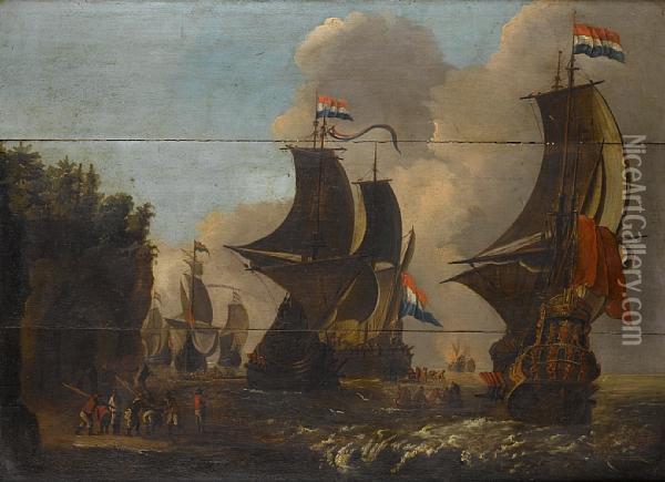 Sailors Disembarking From Men O'war, A Naval Battle In The Distance Oil Painting - Jacob De Gruyter