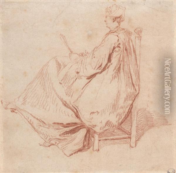 A Seated Woman With A Fan Oil Painting - Nicolas Lancret