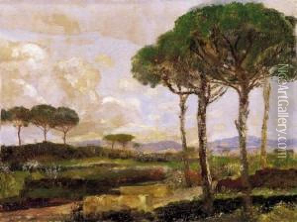 Italian Landscape With Pine Trees Oil Painting - Gusztav Mannheimer
