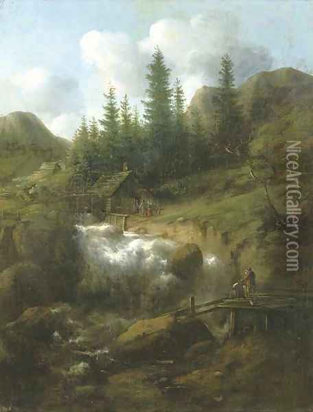 A rocky Nordic landscape with a waterfall and wooden barns, two figures on a bridge in the foreground Oil Painting - Allart Van Everdingen