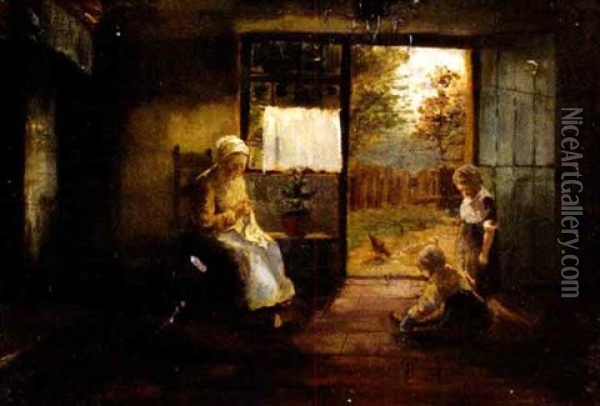 Hollandisches Interieur Mit Frau Und Kindern Oil Painting - Johannes Peeters