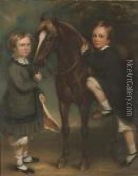 Double Portrait Of Two Children, Full-length, With A Pony Oil Painting - Margaret Sarah Carpenter