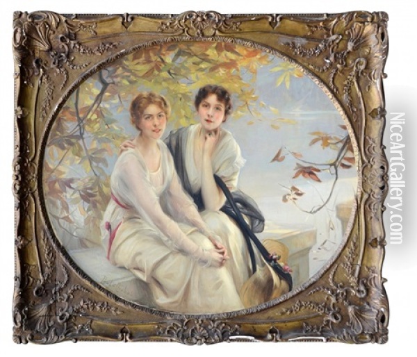 Portraits De Deux Jeunes Femmes Oil Painting - Paul Emile Chabas