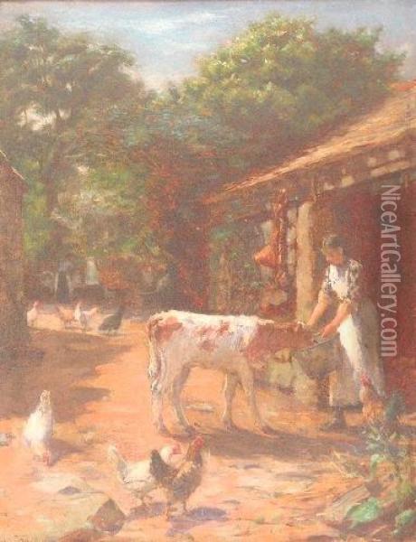 Feeding The Calf Oil Painting - William Banks Fortescue