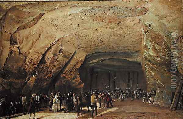 Entrance and Interior of a Cave used as a Warehouse for Salt in Dieppedalle Oil Painting - Jean-Pierr Houel