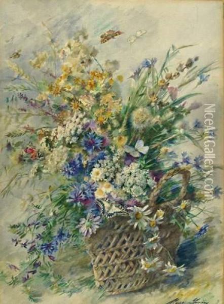 Korb Mit Wiesenblumen Und Zwei Schmetterlingen. Oil Painting - Madeleine Jeanne Lemaire