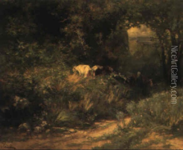 Waldlandschaft Mit Bauerinund Kuhherde Oil Painting - Leon Georges Calves