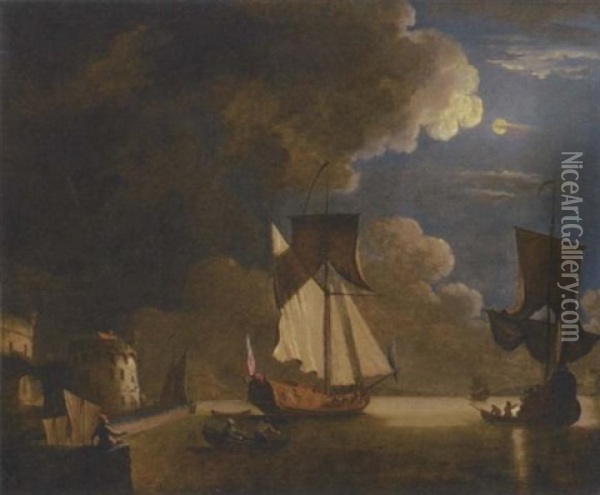 An Admiralty Yacht Off A Fortified Port By Moonlight Oil Painting - Peter Monamy