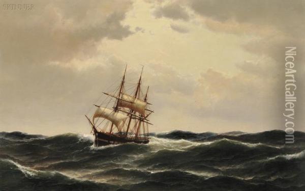 A Masted Ship In Stormy Waters Oil Painting - Carl Ludwig Bille