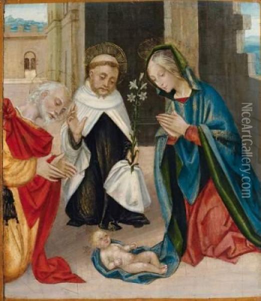 L'adoration De L'enfant Avec Saint Nicolas De Tolentino Oil Painting - Gerolamo Giovenone