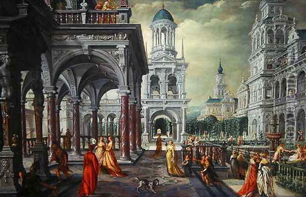 Bathseba and David with an Architectural Background Oil Painting - Hans Vredeman de Vries