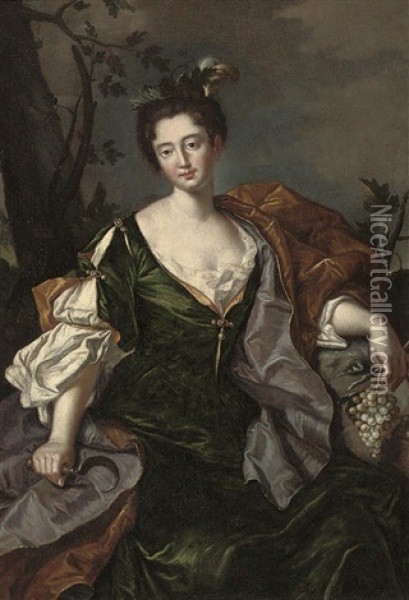 Portrait Of A Lady As Ceres, In Green Classical Dress And Brown Wrap, A Bunch Of Grapes In Her Left Hand, A Sickle In Her Right Oil Painting - Antoine Pesne