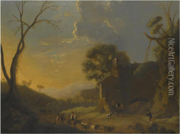 An Extensive Italianate 
Landscape With Travellers And Goat Herders Resting In The Foreground Oil Painting - Herman Van Swanevelt