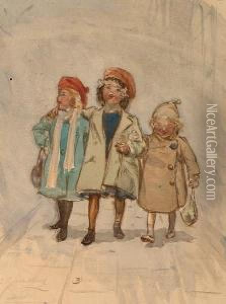 Three Little Girls From School. Oil Painting - George Percy Jacomb-Hood
