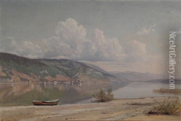 Vue Prise De L'ile St. Pierre, Rivages Bernois Du Lac De Bienne Oil Painting - Nathanael Lemaitre