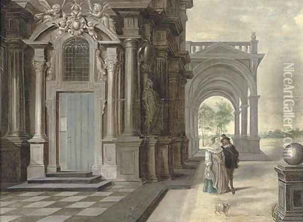A courting couple outside a building, an arcade and a garden beyond Oil Painting - Daniel de Blieck